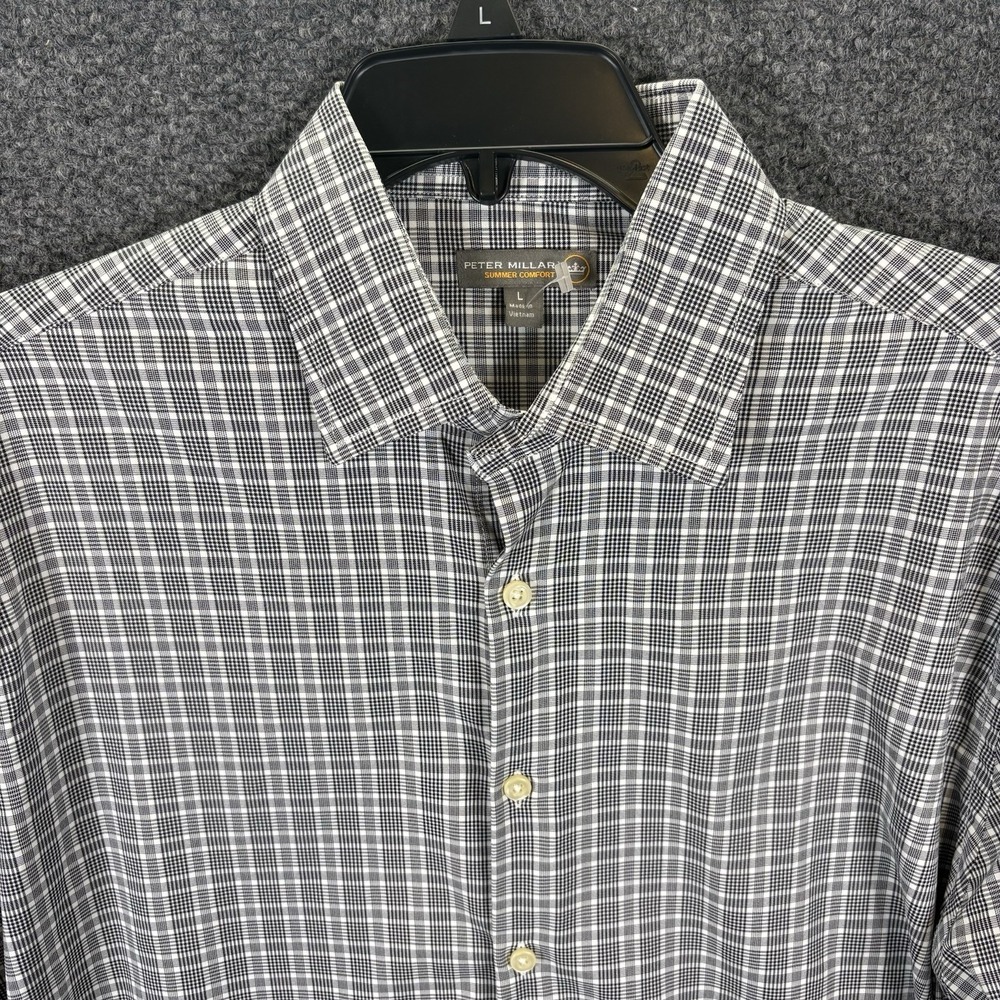 Peter Millar Shirt Men L Gray Plaid Summer Comfort Button-Up Woven Lightweight